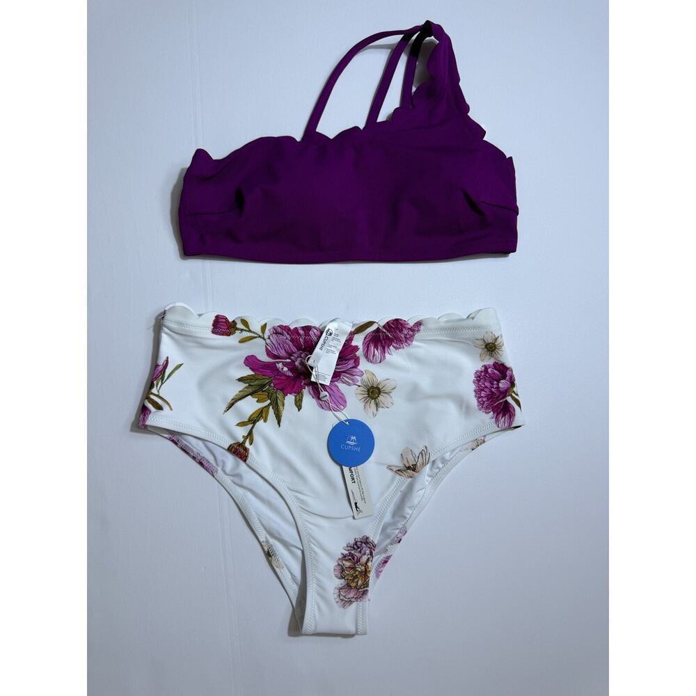 Cupshe Women's‎ Solid Wavy Edge One-Shoulder Bikini Set Rain of Petals Floral L